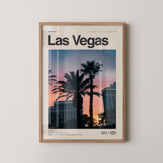 Las Vegas Print Real Photo Travel Art Poster Mid Century Minimal Wall Map Nevada