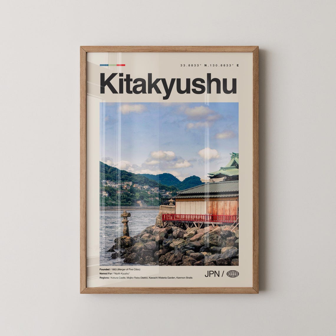 Kitakyushu Japan Seaside Temple and Rocky Shore Travel Poster