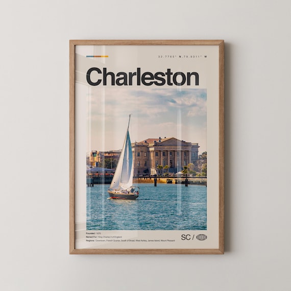 Charleston Print Real Photo Travel Art Poster Mid Century Minimal Wall Map South Carolina