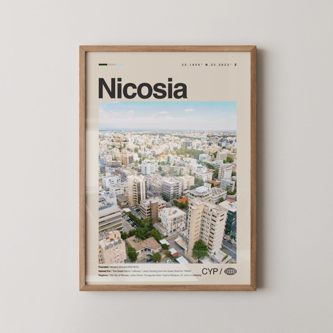 Nicosia Skyline Travel Poster Cyprus City Coordinates Photo Art
