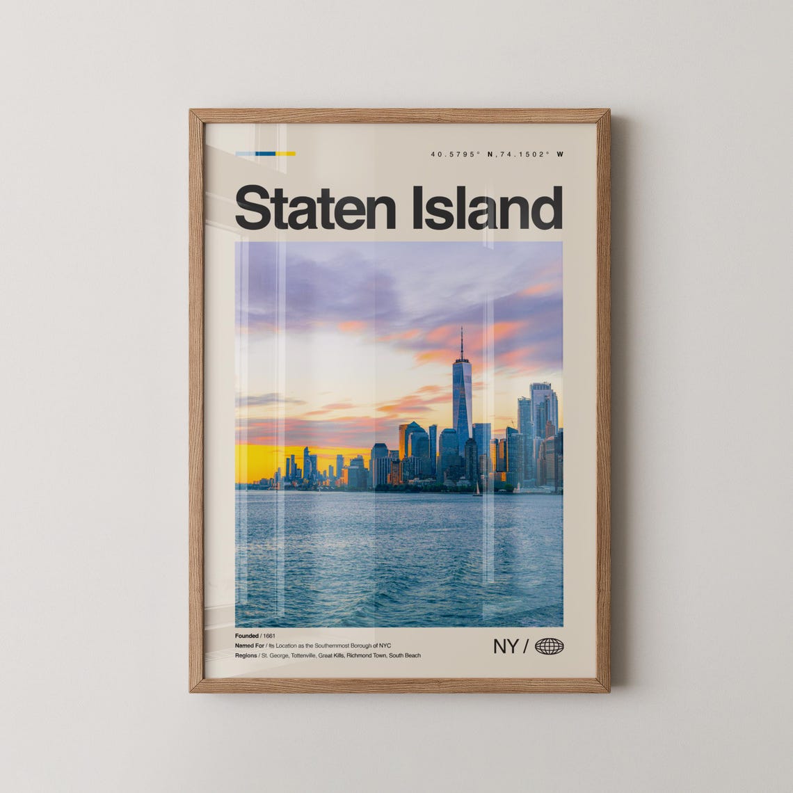 Staten Island NY Sunset Skyline Manhattan Harbor View Travel Poster