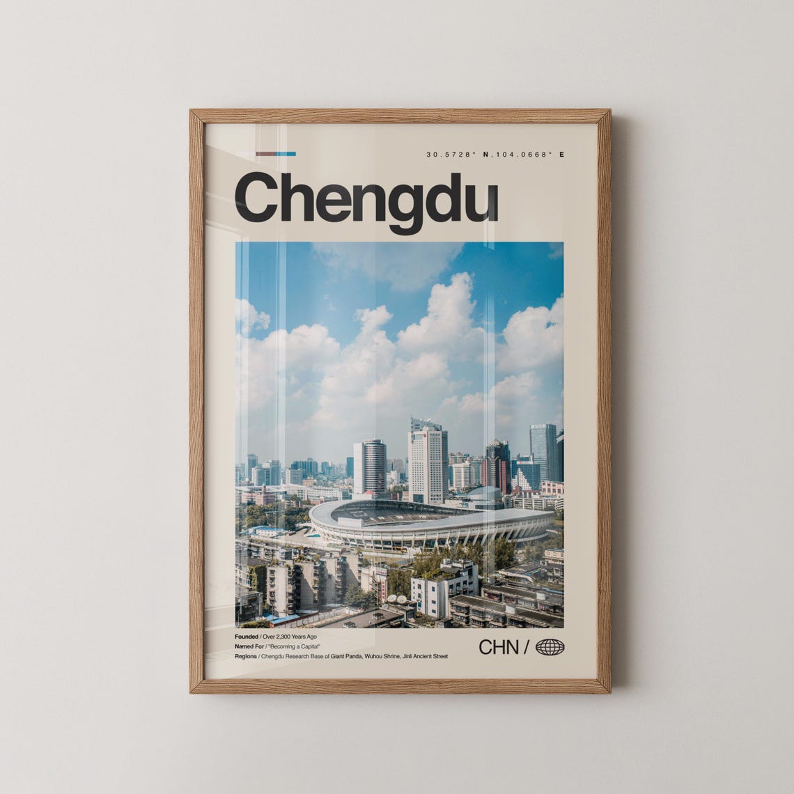 Chengdu China Travel Poster with City Skyline and Stadium View