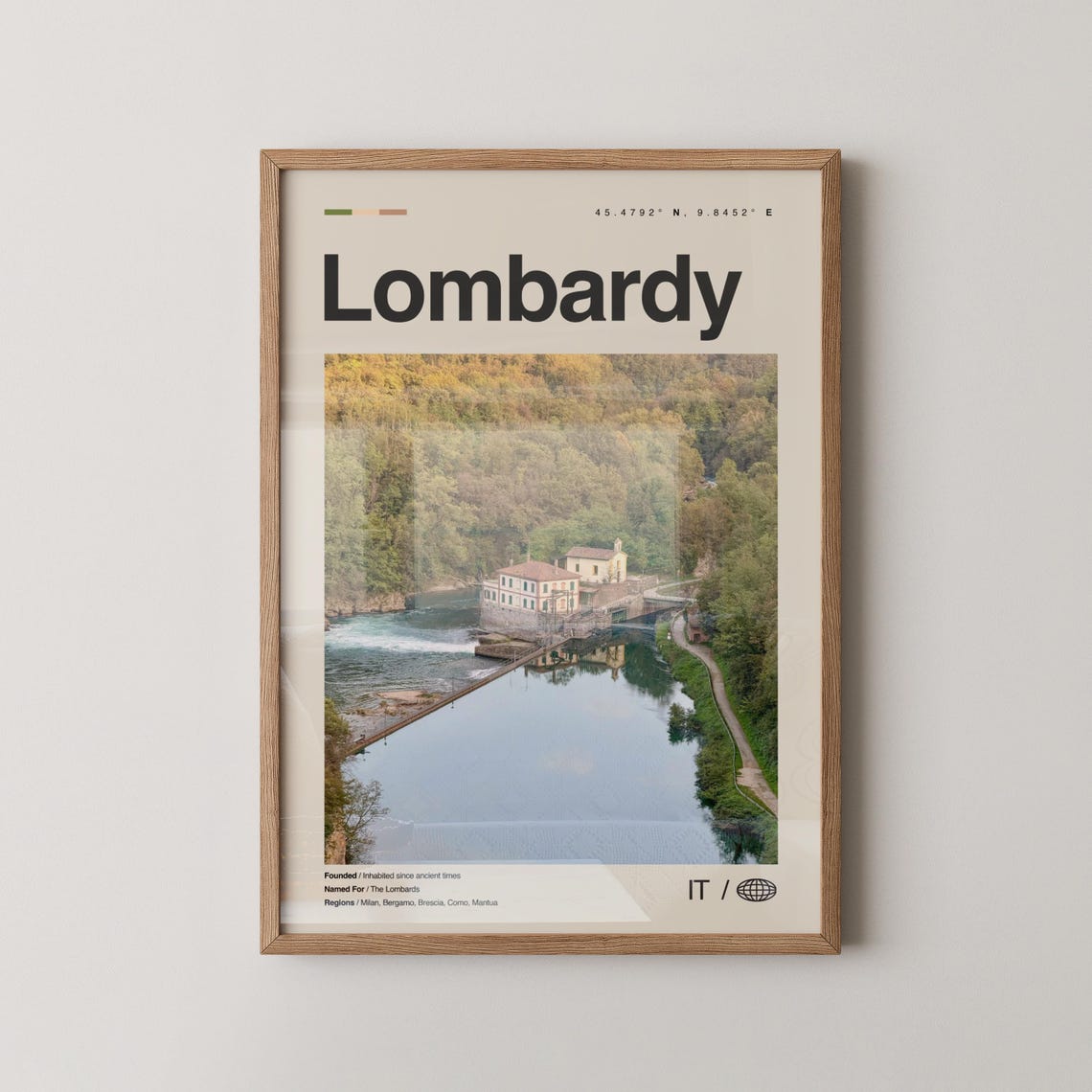 Lombardy Italy Travel Poster With Riverside House Photo View