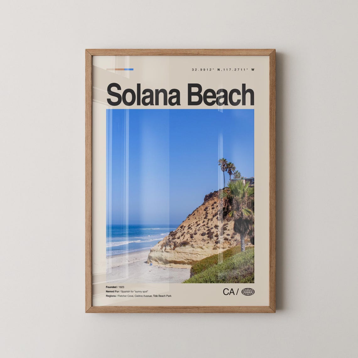 Solana Beach California Travel Poster Cliffs Palms Ocean Coast Scene