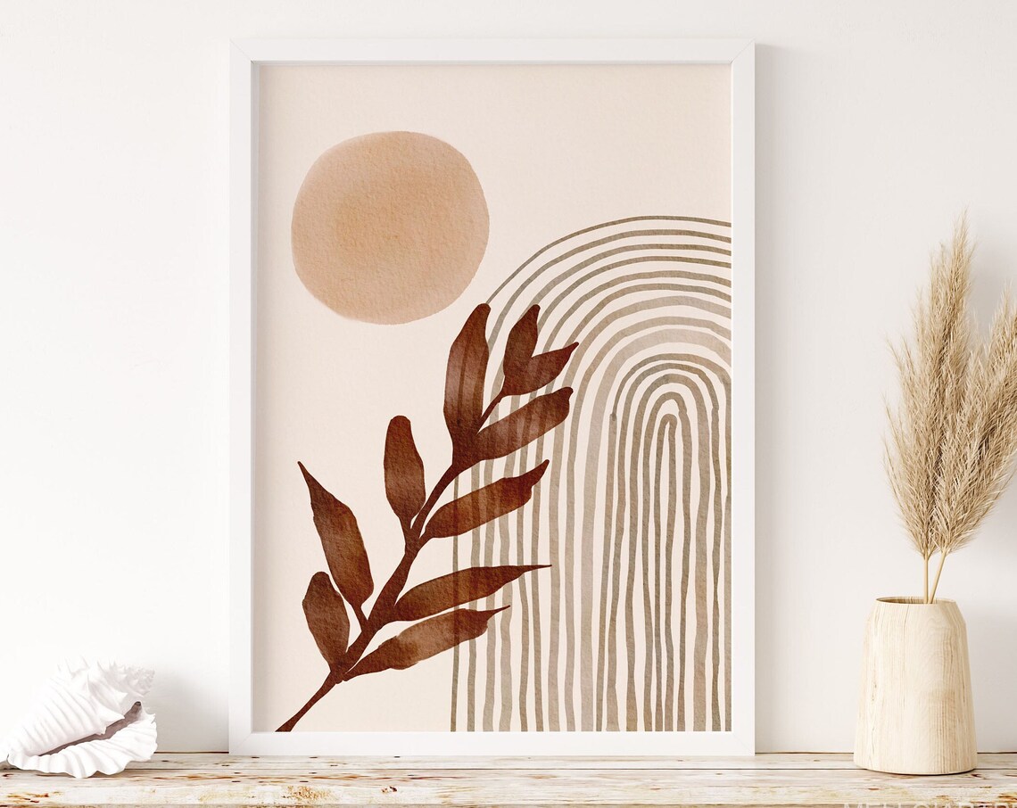 Boho Botanical Leaf Sun Striped Arch Neutral Watercolor Wall Art