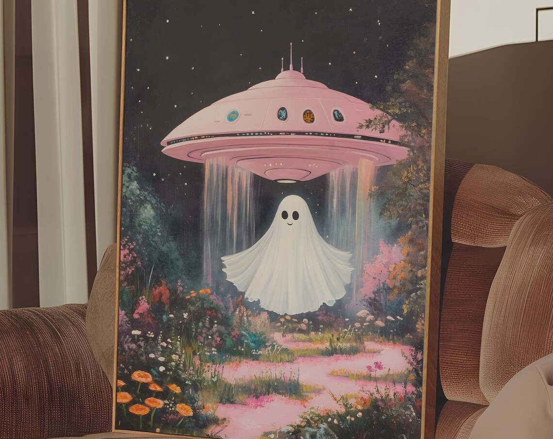 Smiling Ghost Under Pink UFO In Flower Garden Night Scene Poster - Image 4