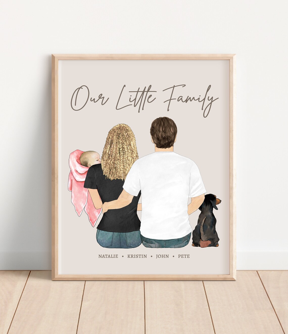 Our Little Family Custom Portrait Couple Baby and Dachshund Print