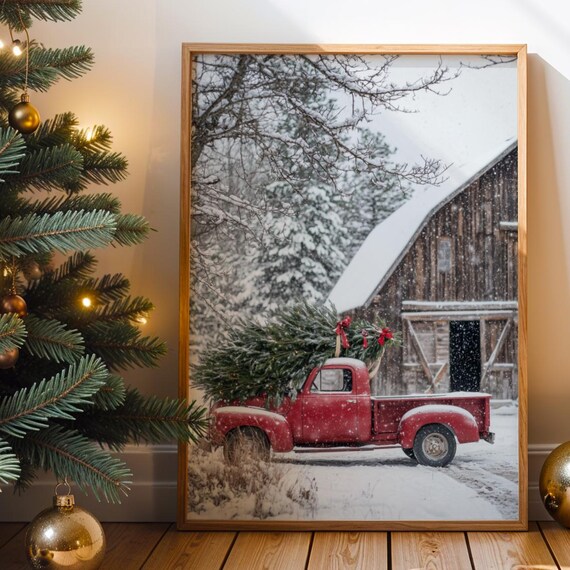 Vintage Red Truck Christmas Tree Snowy Barn Farmhouse Photo Print