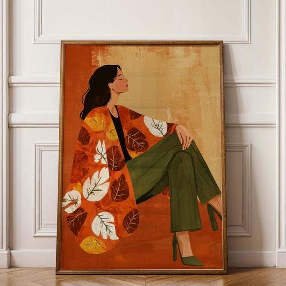 Autumn Woman Portrait Print Modern Figurative Illustration Boho Retro Art Deco Style