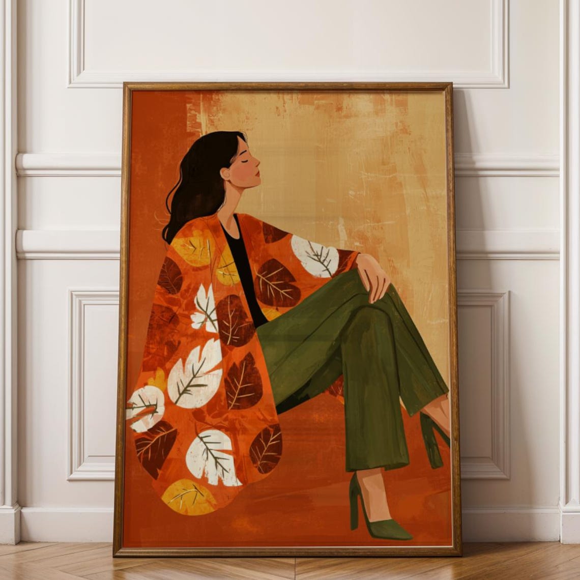 Autumn Woman Portrait Print Modern Figurative Illustration Boho Retro Art Deco Style