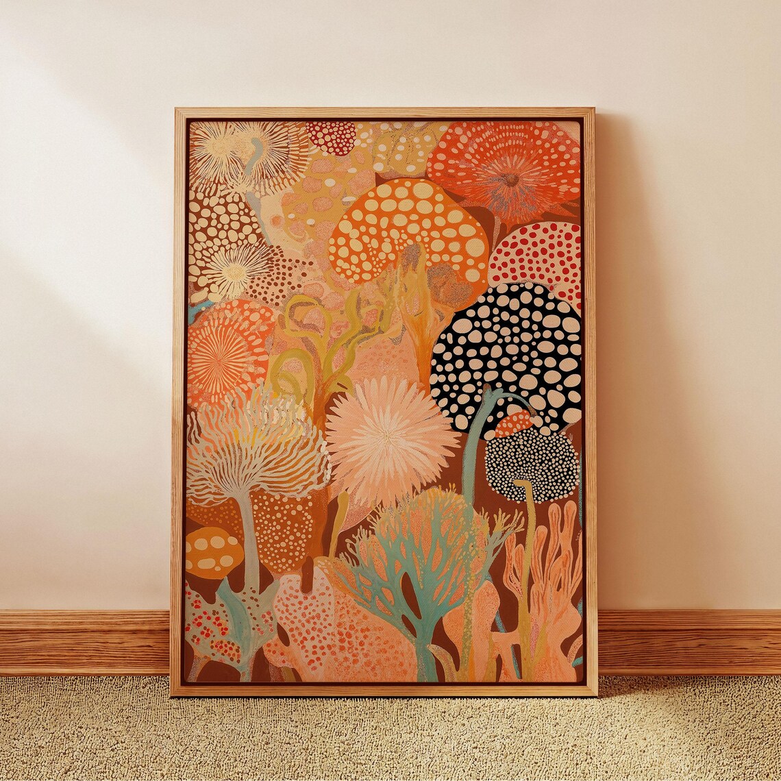Yayoi Kusama Inspired Warm Coral Botanical Artwork Reef Poster