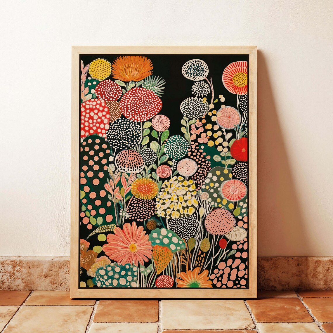 Vibrant Night Garden Dotted Floral Abstract Poster on Deep Black