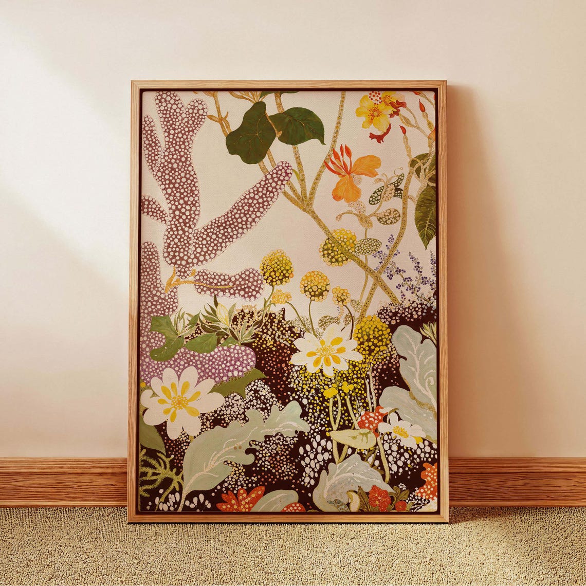 Coral Dotted Branches Abstract Botanical Poster on Warm Cream