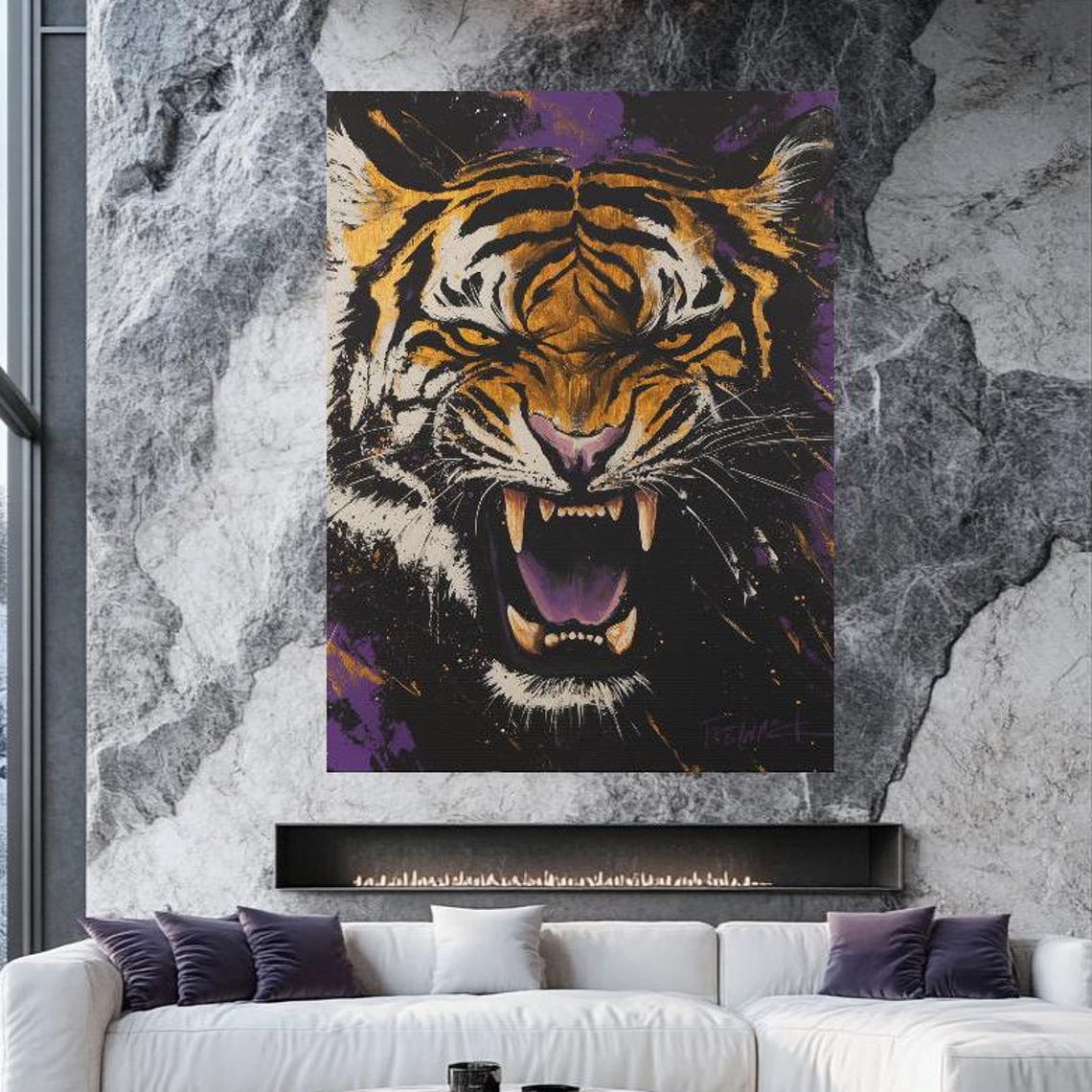 Fierce Roaring Tiger Head on Black Purple Wildlife Art Poster