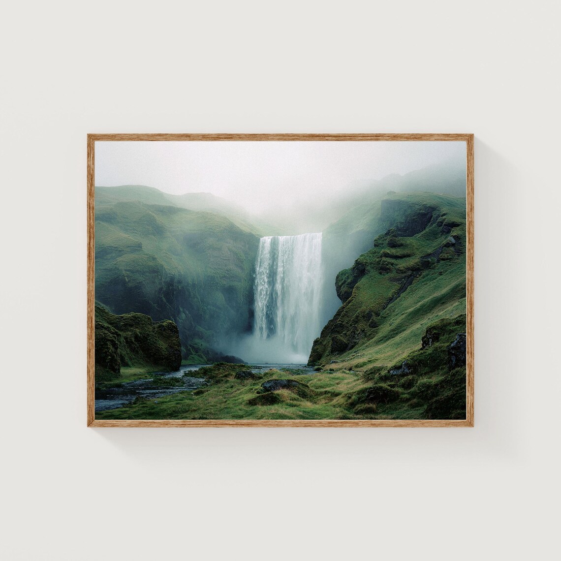 Misty Skogafoss Iceland Waterfall Green Valley Foggy Mountain Poster
