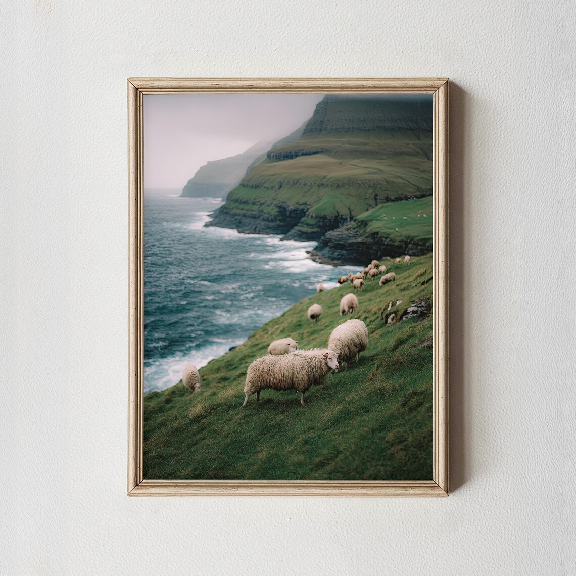 Faroe Islands Sheep Grazing Green Coastal Cliffs Photography Poster