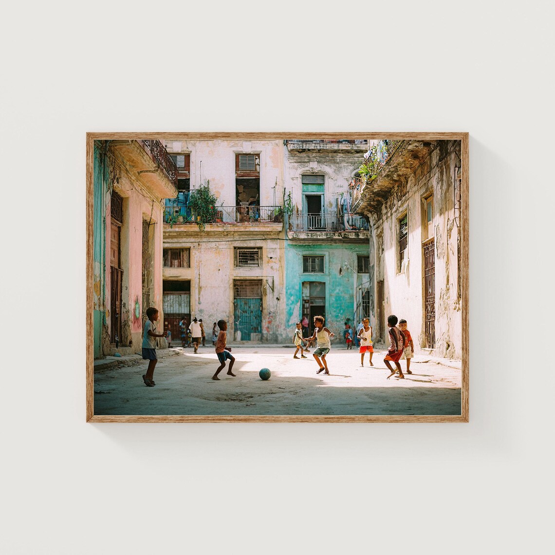Havana Kids Playing Soccer in Sunlit Courtyard Street Photography Poster