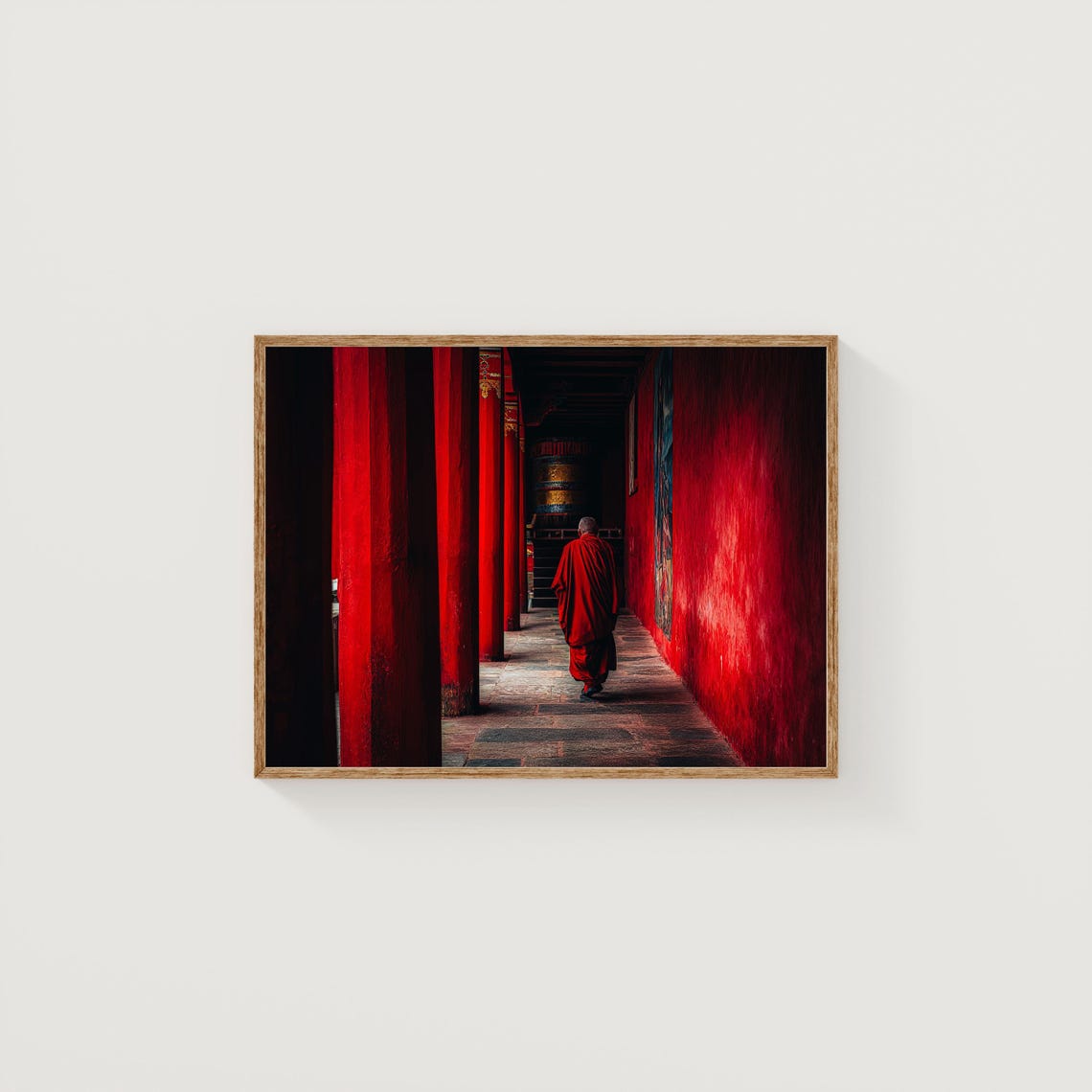 Bhutan Monk Fine Art Print Red Temple Corridor Asian Zen Decor