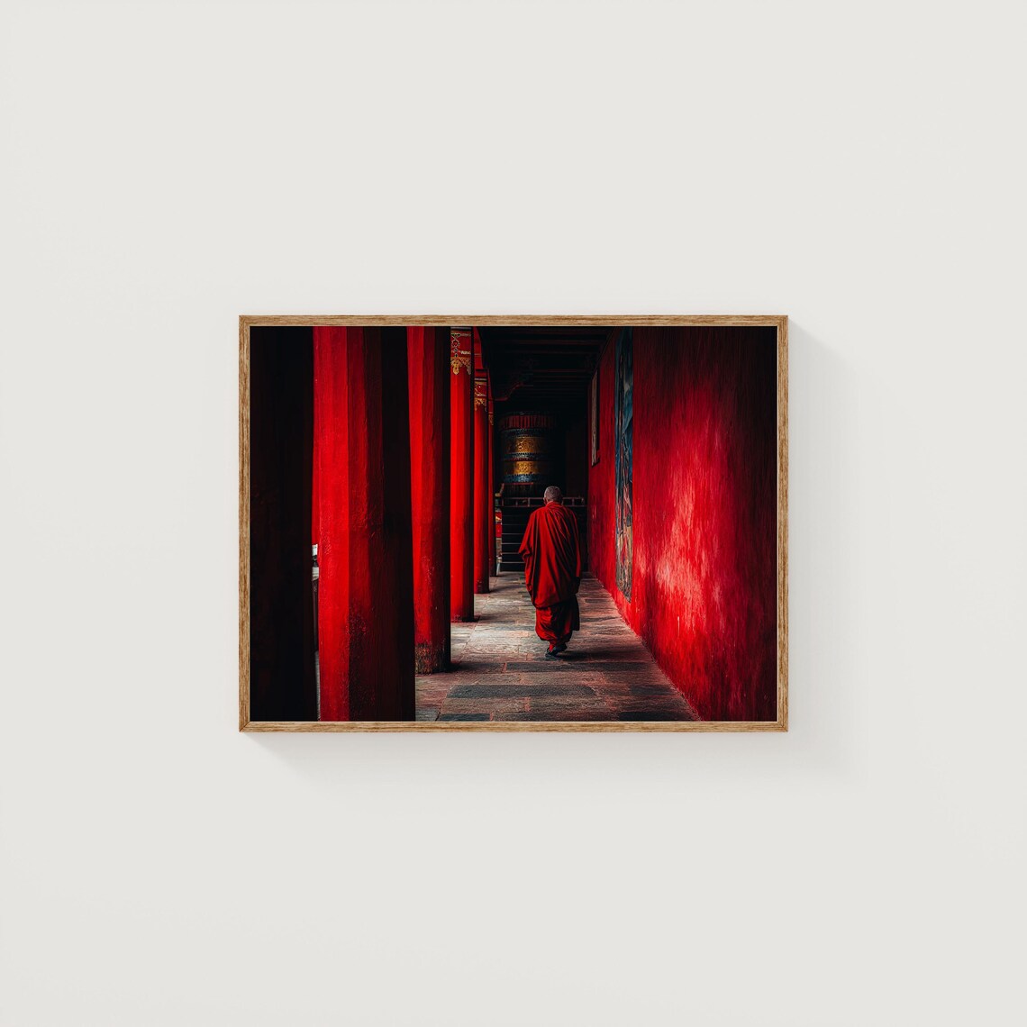Bhutan Monk Red Temple Corridor Prayer Wheel Zen Fine Art Photo Poster