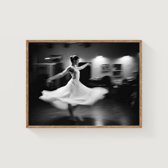 Black and White Twirling Dancer Flowing Dress Fine Art Wall Art