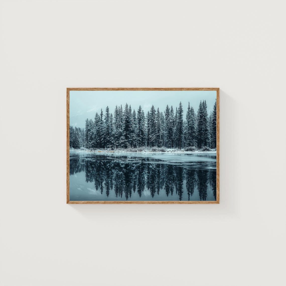 Banff Snowy Pine Forest Frozen Lake Reflection Winter Landscape Print