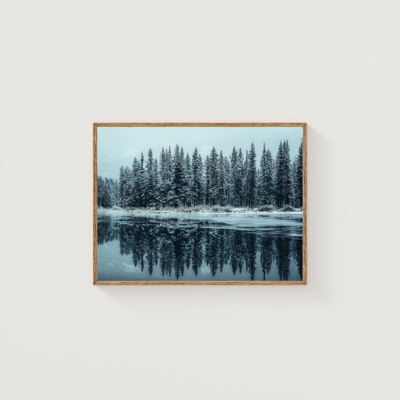 Banff Snowy Pine Forest Frozen Lake Reflection Winter Landscape Print