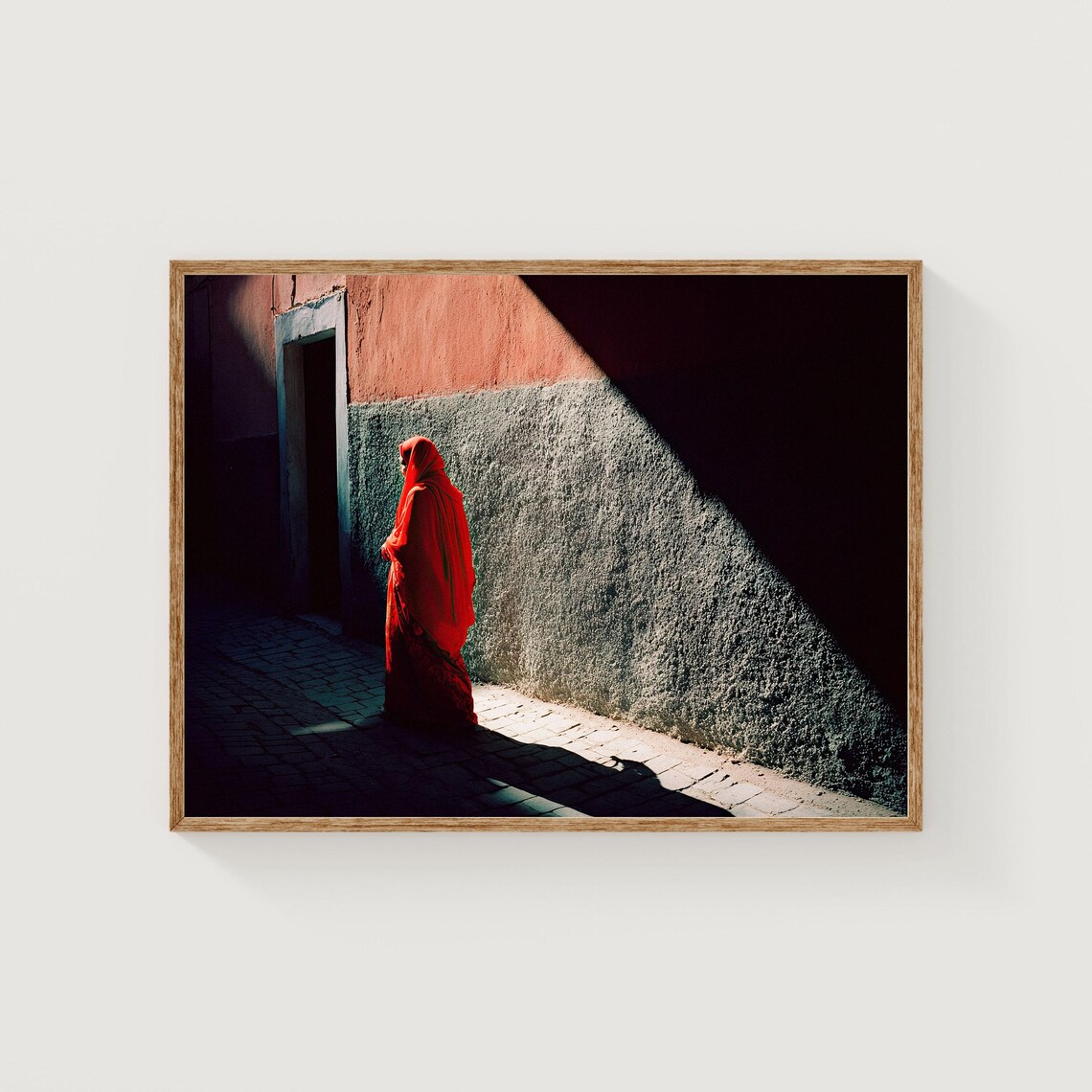 Marrakech Woman Red Cloak Doorway Sunlight Street Photo Poster