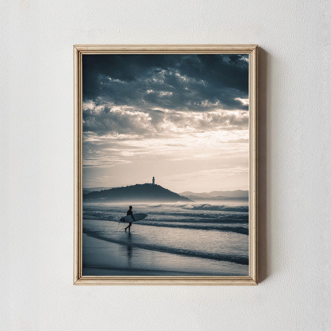 Byron Bay Lighthouse Surfer Dawn Minimalist Ocean Photography Print