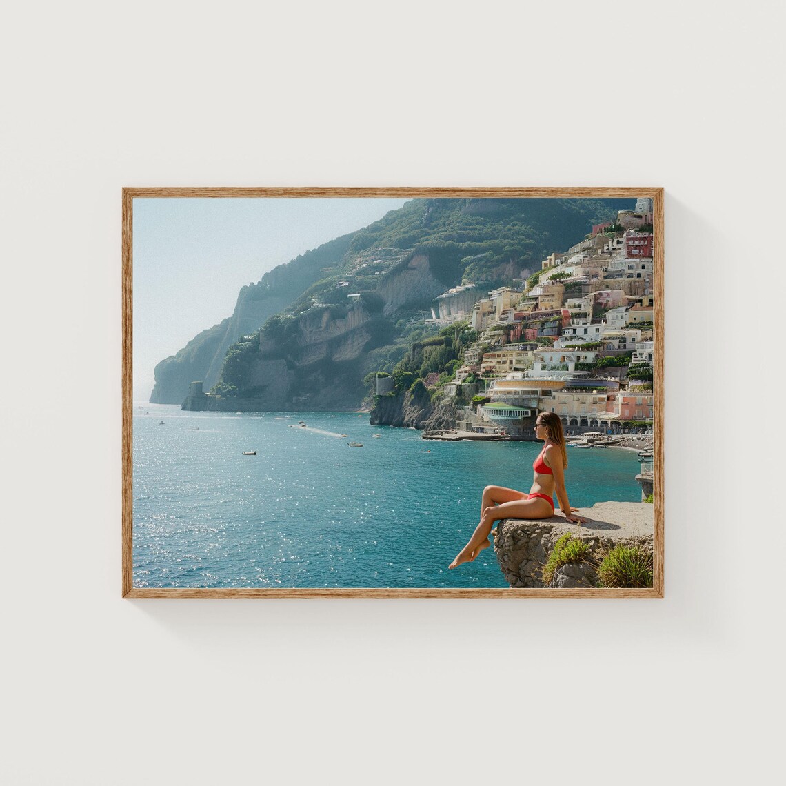 Positano Amalfi Coast Woman Red Bikini Cliff Seaside Summer Poster