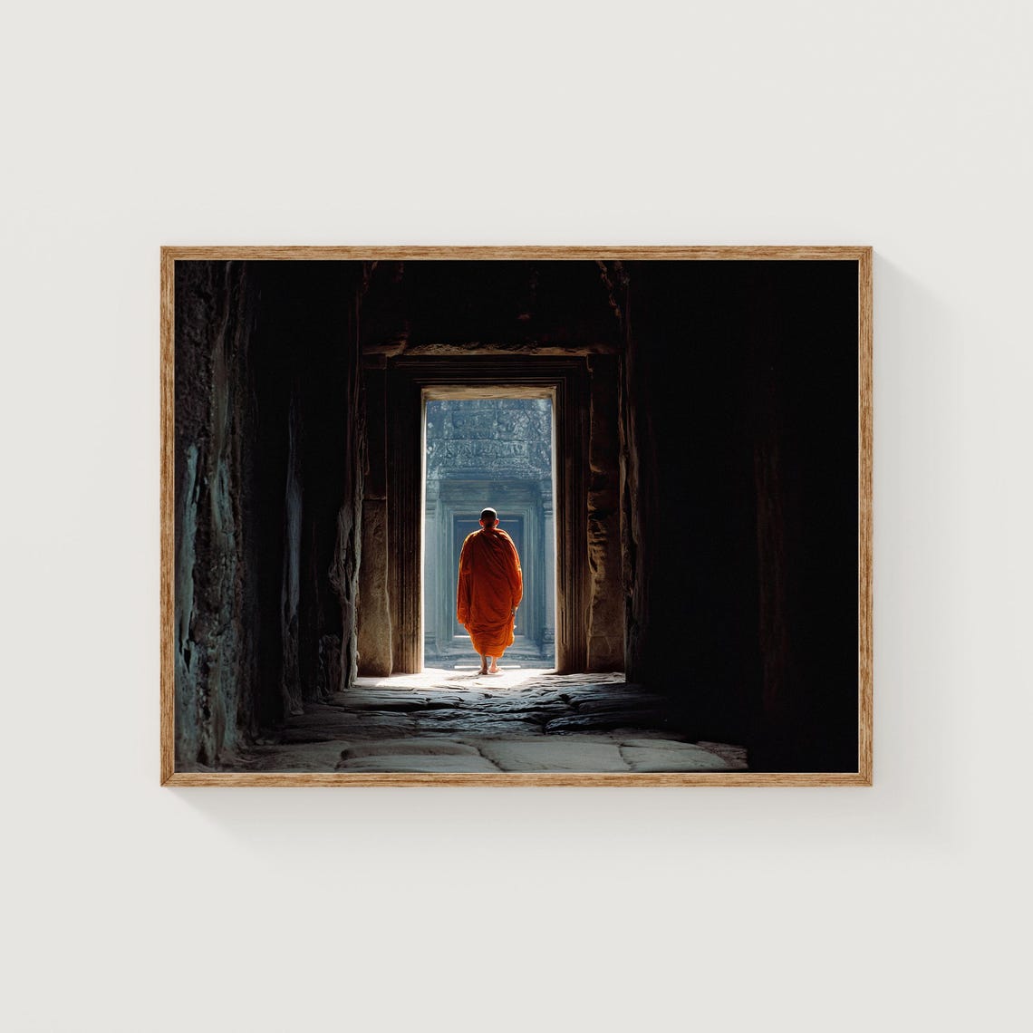 Buddhist Monk in Orange Robes Walking Ancient Temple Doorway Poster