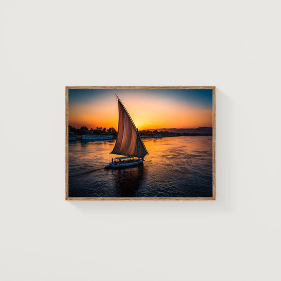 Egypt Nile River Sunset Print Felucca Sailboat Fine Art Travel Decor