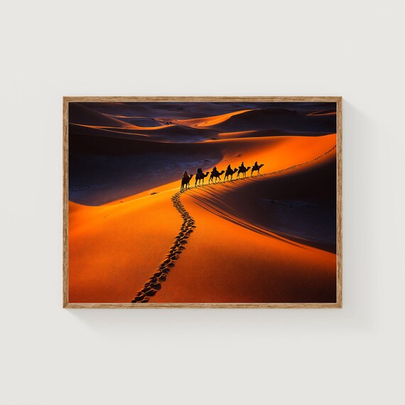 Sahara Desert Camel Caravan Sunset Morocco Dune Photo Wall Art