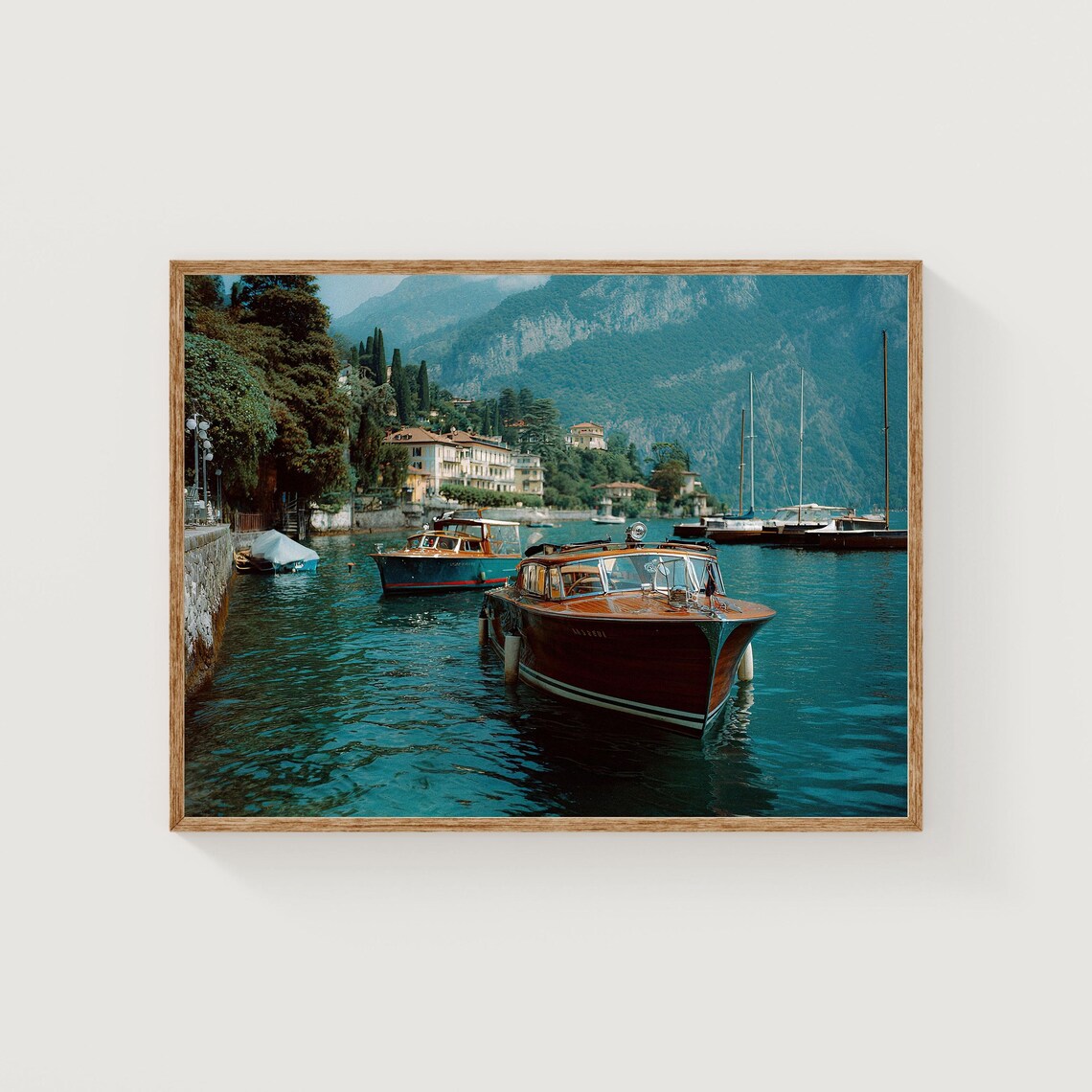 Lake Como Wooden Motorboats Harbor Mountain View Italy Photo Poster