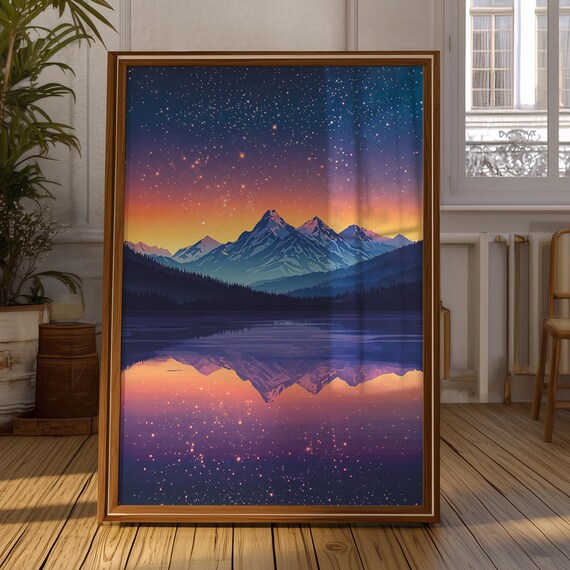 Dreamy Starry Night Mountain Art Print Cosmic Sunset Landscape Fantasy Nature Wall