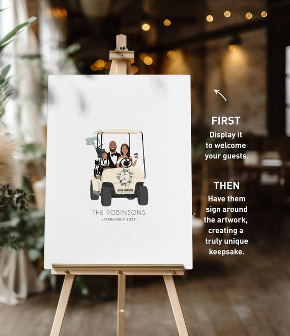Custom Wedding Guest Book Alternative Golf Themed Wedding Bride And Groom In Golf Cart Gift For Groom Golf Signature Sign Golf Wedding