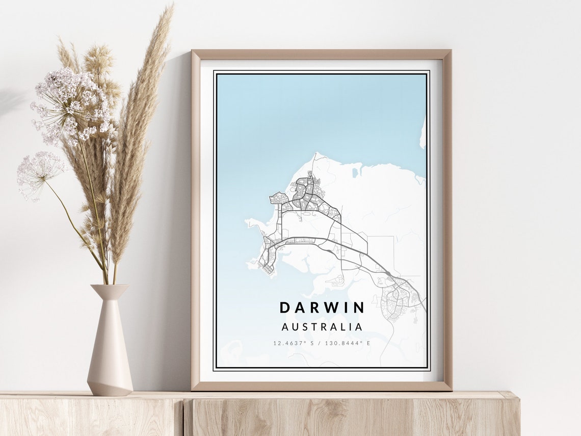 Darwin Australia Minimalist Coastal City Map Poster in Pale Blue