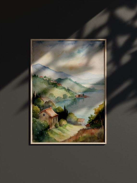 Countryside By The Lake Watercolor