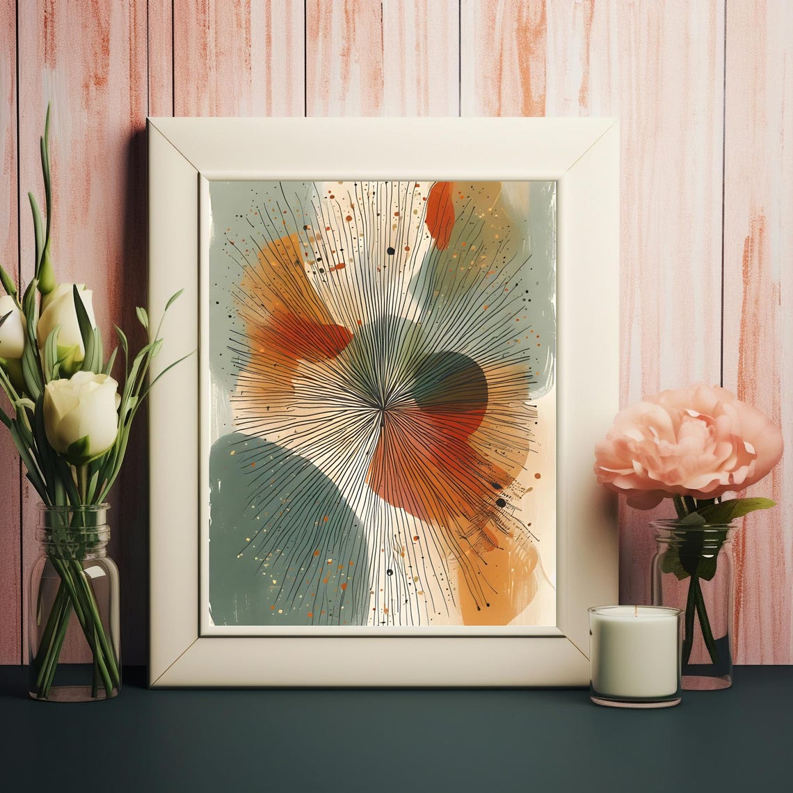 Radiating Lines Sage Terracotta Muted Modern Abstract Wall Art