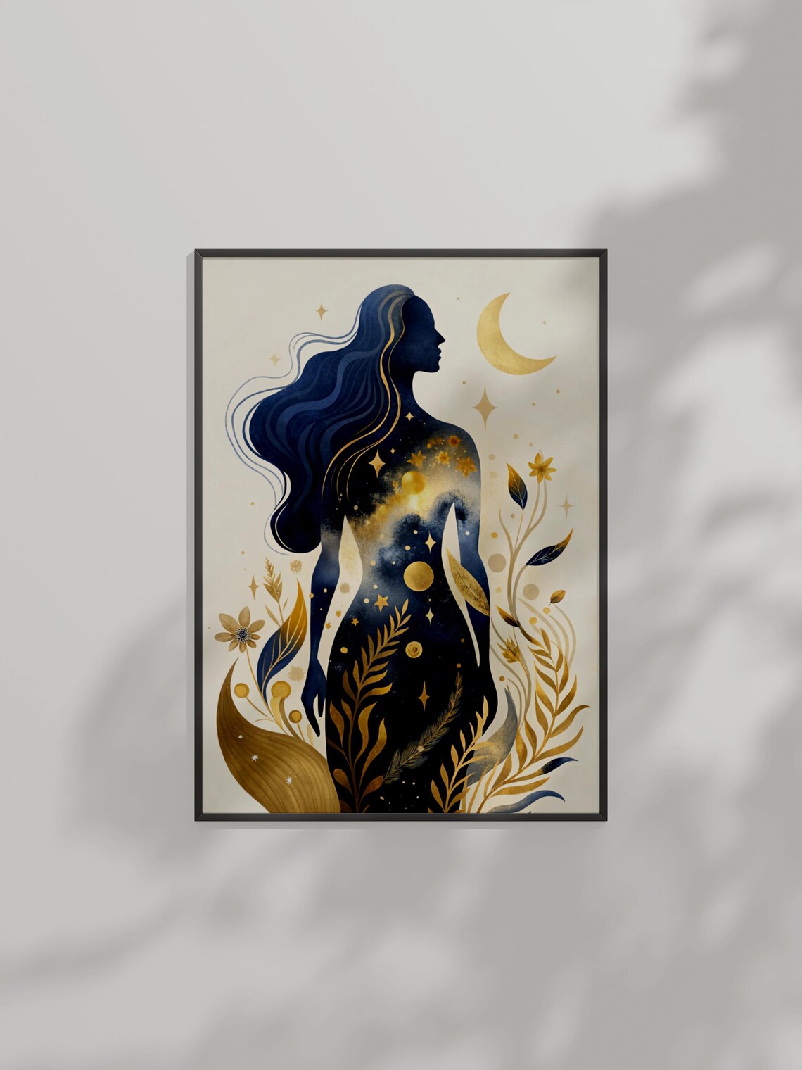 Celestial Goddess Poster Starry Silhouette With Gold Moon And Botanicals