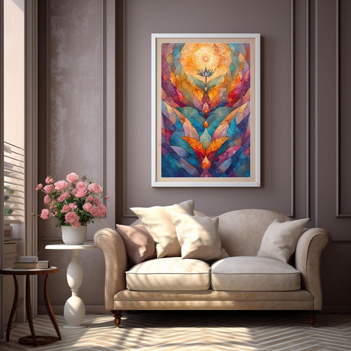 Stained Glass Flower Vibrant Mosaic Sun Bloom Colorful Artistic Poster