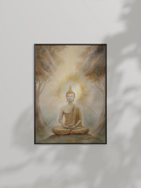Radiant Golden Buddha Meditating With Halo Light Forest Poster