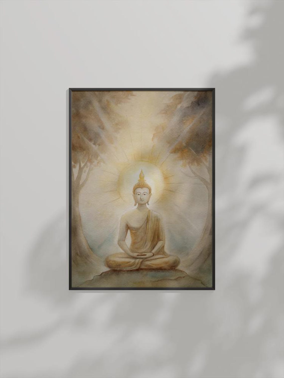 Radiant Golden Buddha Meditating With Halo Light Forest Poster