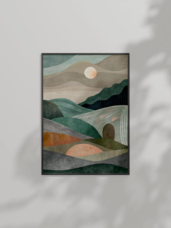 Serene Landscape Abstract Art Print Minimalist Hills And Moon