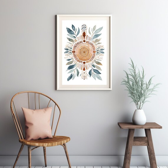 Boho Sun Mandala Beige Sage Botanical Tribal Spiritual Wall Art