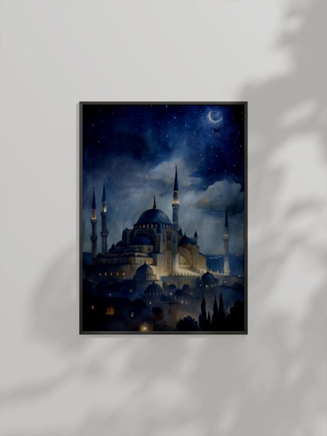 Serene Moonlit Mosque Under Crescent Moon Starry Night Sky Poster