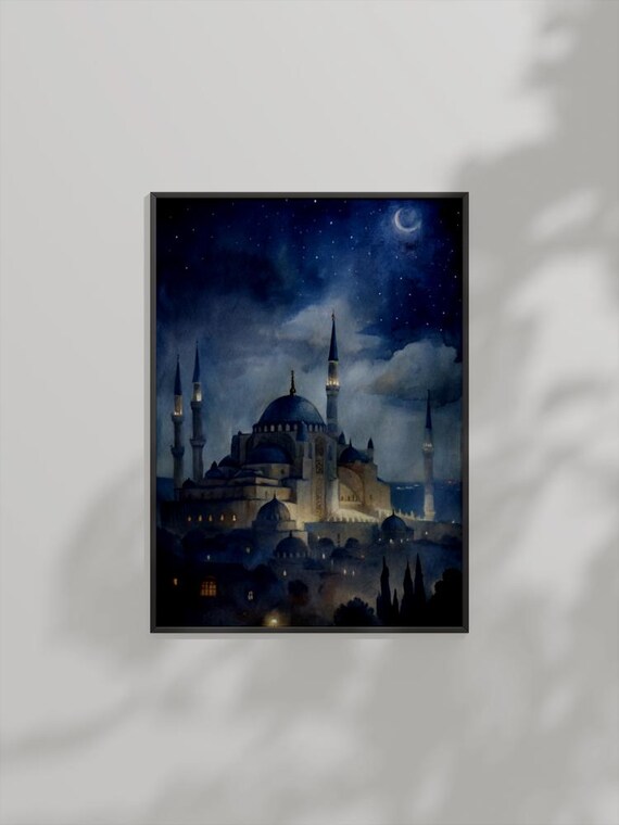 Serene Moonlit Mosque Under Crescent Moon Starry Night Sky Poster