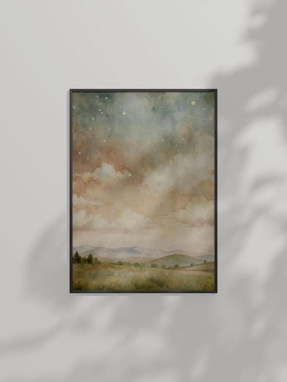 Starry Twilight Over Rolling Hills Watercolor Landscape Art