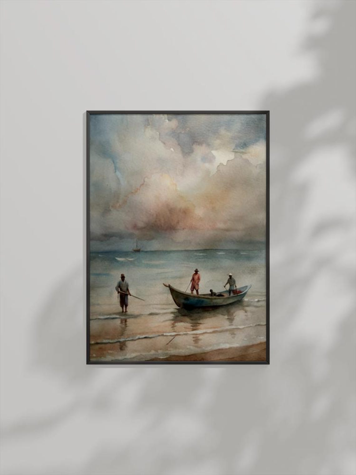Fishermen At The Shore Watercolor Dramatic Cloudy Sky Over Sea Poster