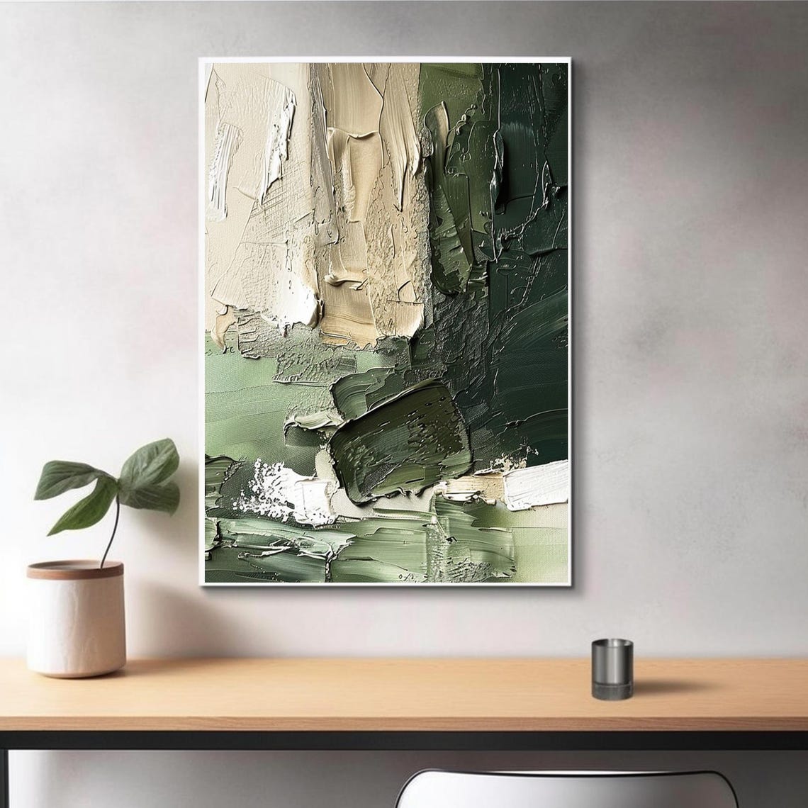 Olive Green Beige Abstract Brushstrokes Textured Modern Art Poster - Image 3