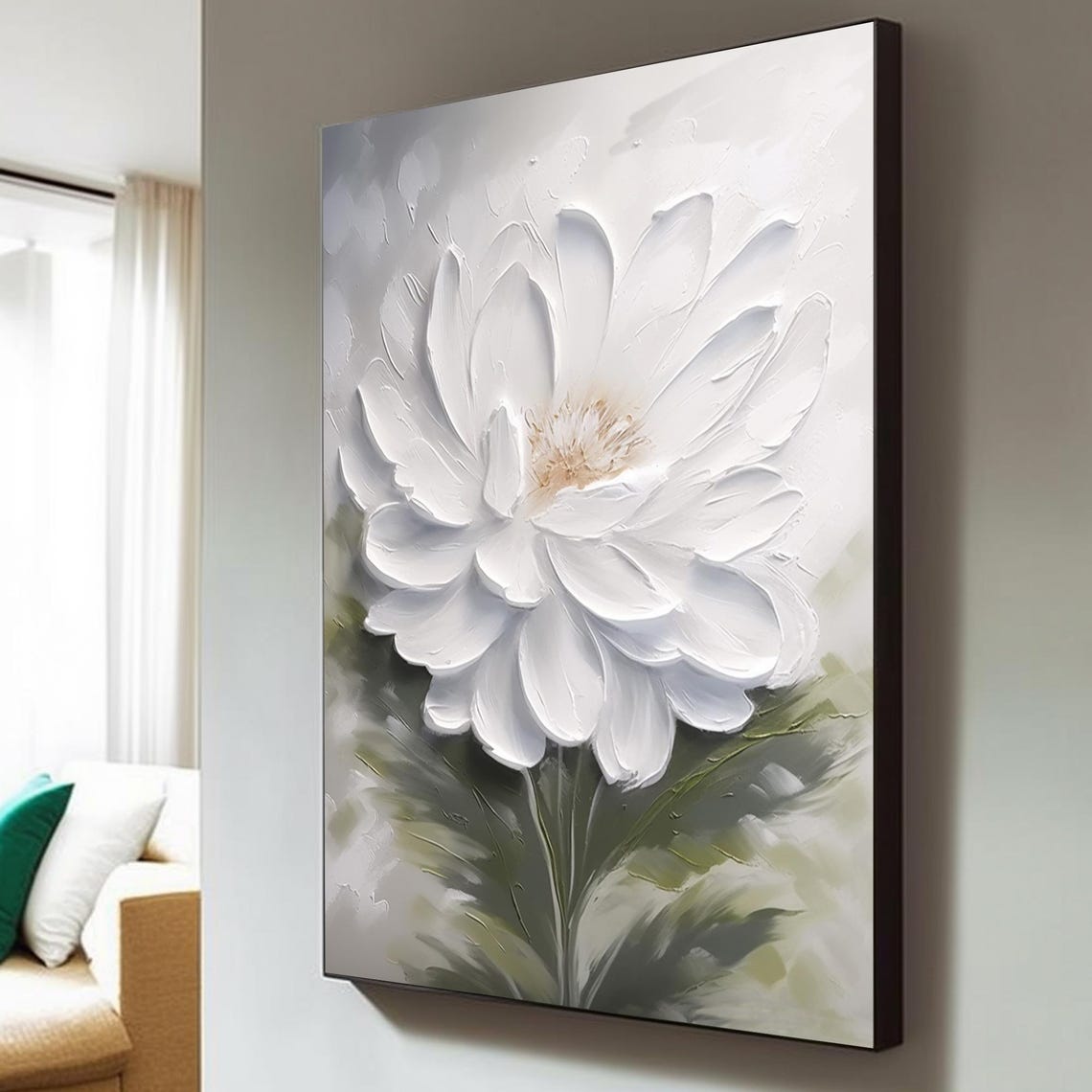 White Textured Flower With Green Foliage Minimalist Decor Art Poster - Image 3